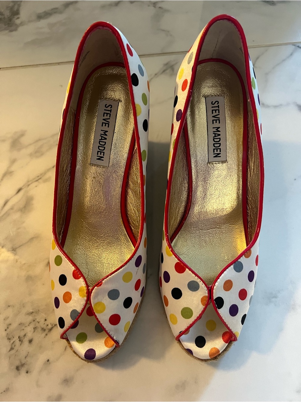 Steve Madden White Polka Dot Peep-Toe Pumps with Red Trim